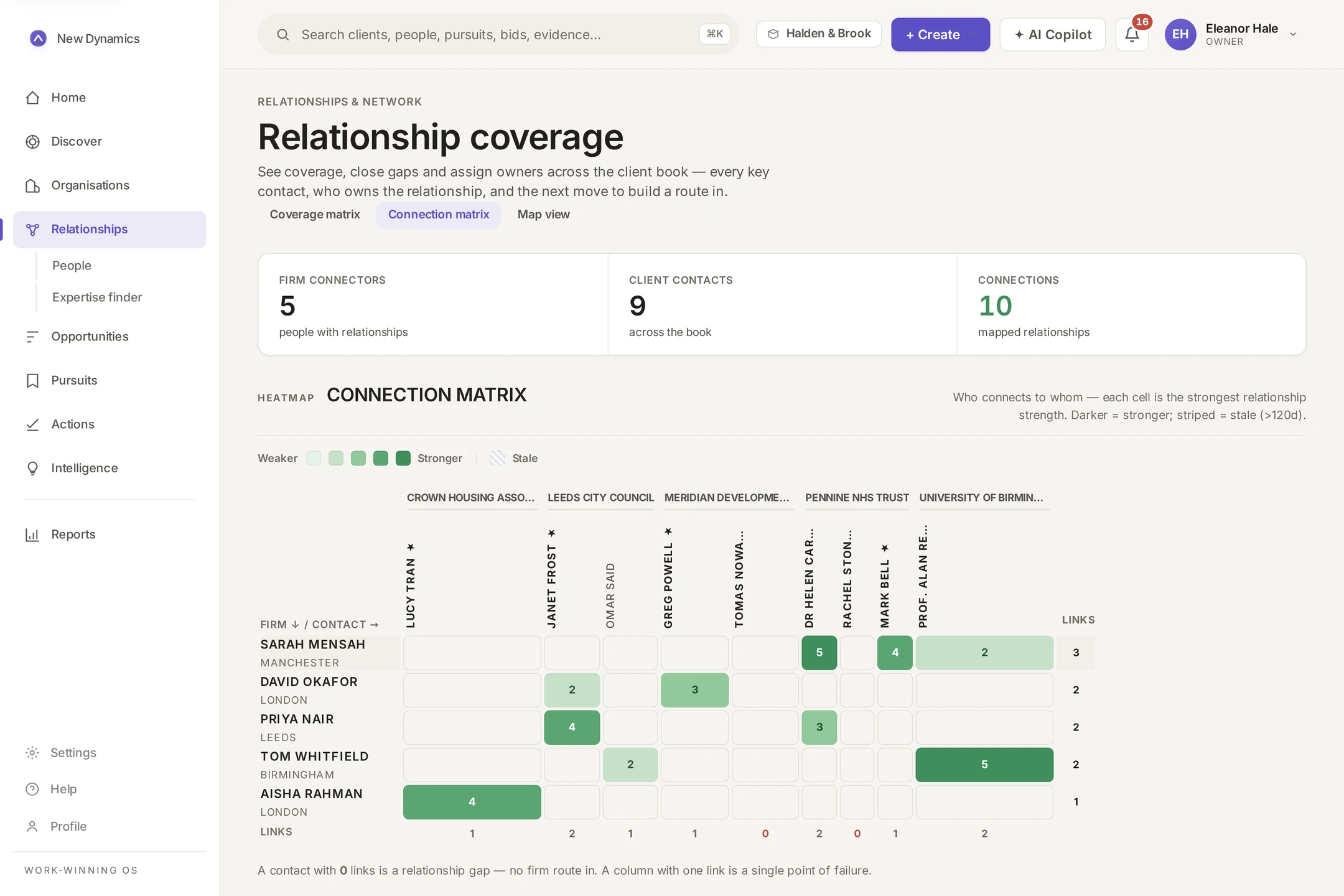 Connection matrix heatmap: firm people against client contacts, each cell coloured by relationship strength, with link counts and gaps at a glance.