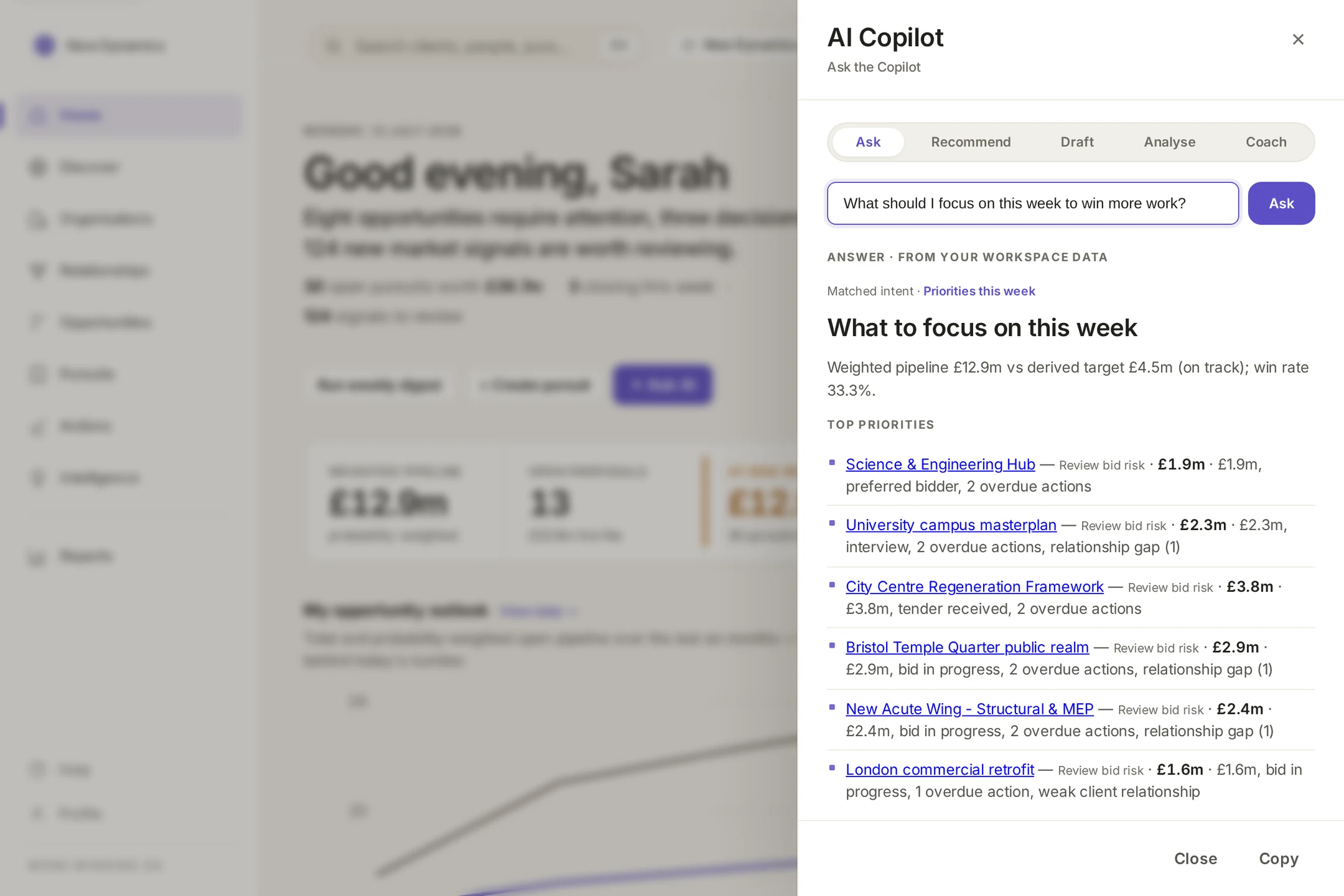 The AI Copilot drawer open over the Home briefing: a plain-language question answered from workspace data, with matched intent shown, ranked priorities linking to real pursuits, and the answer labelled as coming from workspace records.