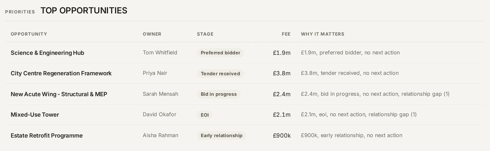 The board report's top opportunities: owner, stage, fee and a written note on why each matters.